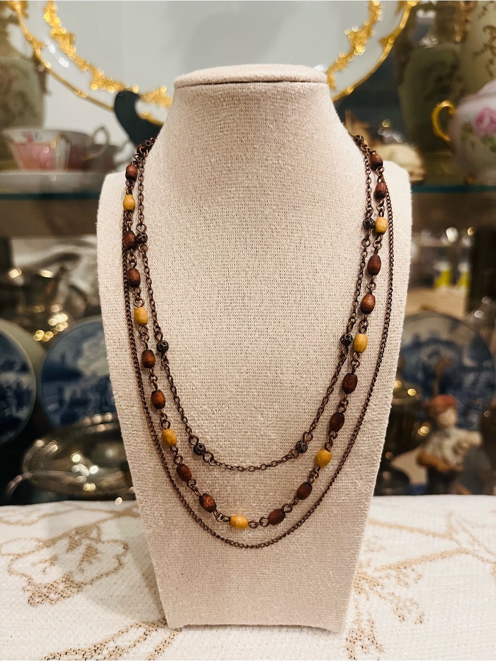 Vintage Boho 3-Strand Wood Bead Necklace | Antique Bronze Filigree